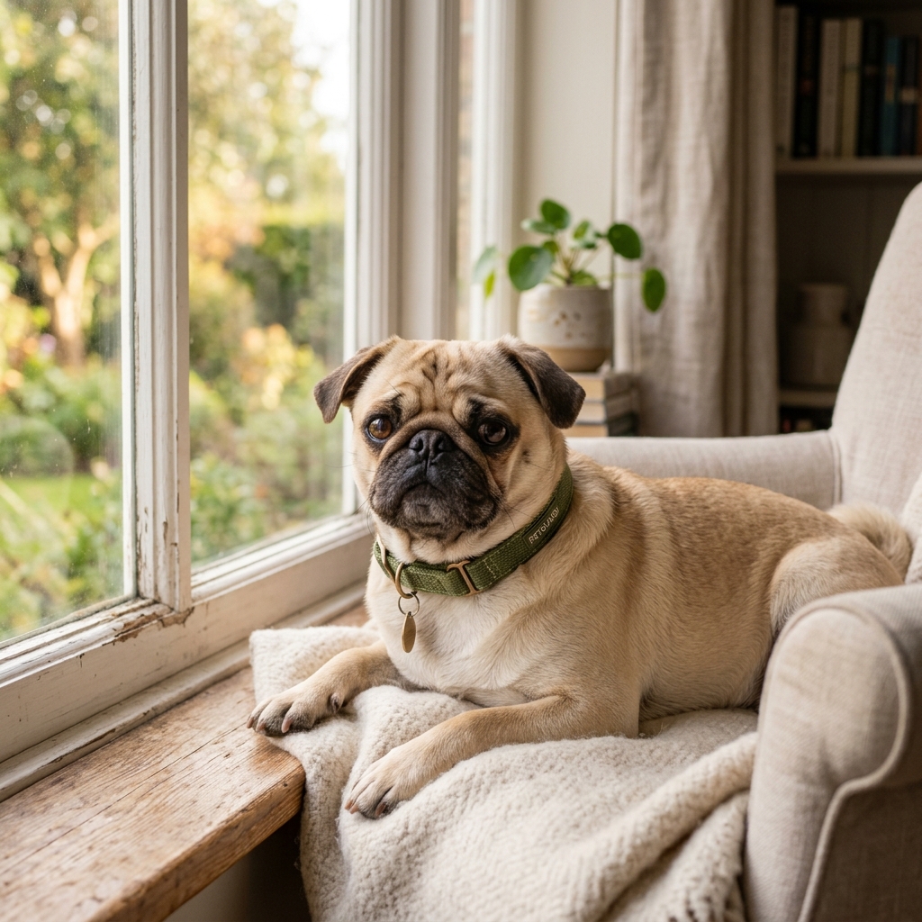 Pug descansando tranquilamente en casa